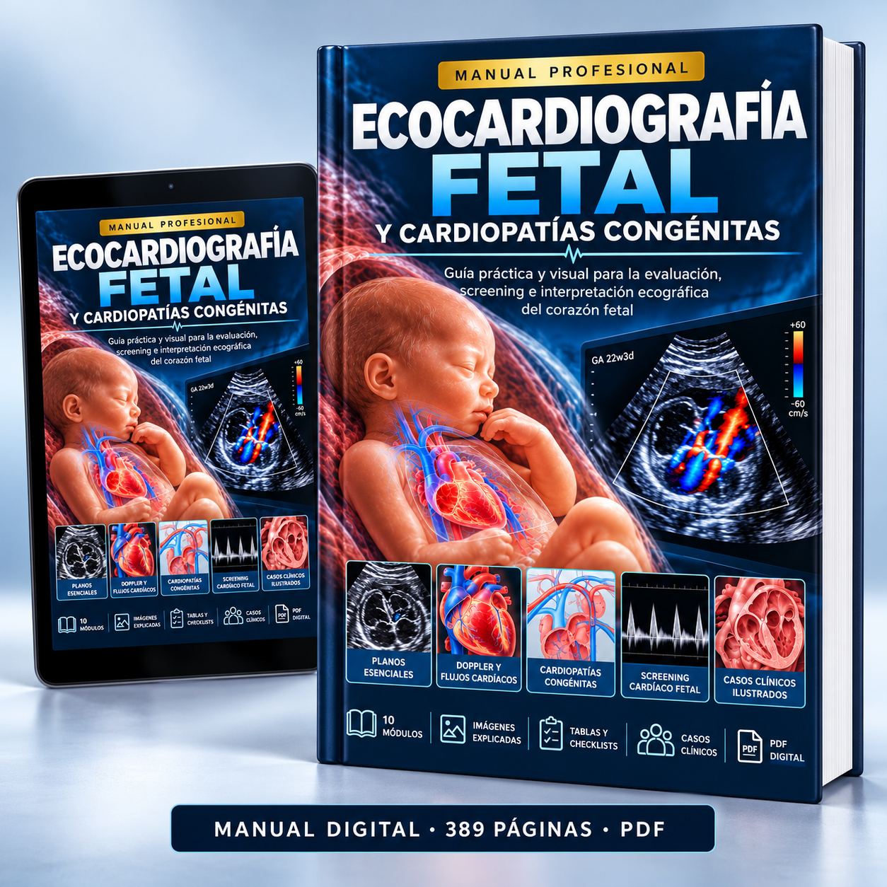 Manual Ecocardiografía Fetal y Cardiopatías Congénitas en libro y tablet